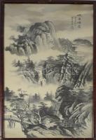 Olvashatatlan jelzéssel, kínai alkotó, XX. sz. közepe: Vándor. Selyemkép. Üvegezett fakeretben. 92×43 cm