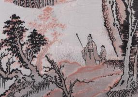 Olvashatatlan jelzéssel, kínai alkotó, XX. sz. közepe: Vándorok. Selyemkép. Tetején elszíneződéssel....