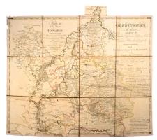 1803 - Magyarország és Erdély Ritka rézmetszetű határszínezett térképe ( Szabolcs, Heves, Bihar, Arad, Csanád, Békés és Csongrád vármegye). Felső-Magyarország négyrészes térképsorozatának második darabja. Középen Nagyvárad környékével, Eger, Kisvárda, Arad, Szeged. A térkép egyben gazdasági térkép is, így jelölve vannak rajta sótelepek, bányák, iskolák, postahivatalok stb. Német és francia nyelvű magyarázatokkal. Megjelent: Joseph Karl, Kindermann Liechtenstern, Joseph Marx von: Atlas Des Österreichischen Kaiserthums / Atlas De L'Empire Autrichien. Wien, Verlag des Kunst- und Industrie-Comptoirs. 1803. Az atlasz különleges érdeme, hogy a tartományok statisztikai leírását is tartalmazta. Az atlaszban összesen 13 magyar térkép szerepelt. Ugyan a szakirodalom külön nem említi, de valószínűsíthető, hogy az eredeti atlasz magyar lapjai önállóan, egy Magyarország-atlaszként is forgalomba kerültek. A gyönyörűen kidolgozott lapok metszését jórészt magyarok végezték: Berken János és Benedict Antal. Korabeli Kasírozással, jó állapotban. Mérete : 59 x 48 cm