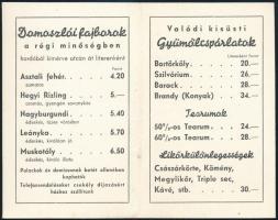 Domoszlói Italpince (Bp. II., Széna-tér 5.) ital árjegyzék, 2 sztl. lev