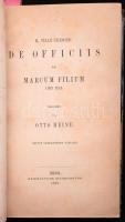 Cicero kolligátum:  Ciceros Brutus de Claris Oratoribus. Erklärt von Otto Jahn. 2. Auflage. Weidmannsche Buchhandlung, 1856. 168p.,   Otto Heine: M. Tulli Ciceronis, De Officiis ad Marcum Filium, Libri Tres. Berlin, Weidmann,, 1866. 252p.   Chrestomathia Ciceroniana: ein Lesebuch für mittlere Gymnasialklassen. Marcus Tullius Cicero , C. F. Lüders. P 1867. Publisher: B. G. Teubner, 94p   M. Fabii Quintiliani Institutionis oratoriae, libri decimus.Erklärt von Dr. G. T. A. Krüger. Leipzig, 1891.Teubner, 76p. Javított kartonált papírkötésben