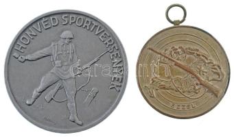 1933. "K. P. L. E. 1933. X 1. I. CS. / Ezzel" kétoldalas, ezüstözött bronz sportlövész díjérem füllel, "HAWEL BP." gyártói jelzéssel (40mm) + DN(~1950) "Honvéd Sportversenyek" kétoldalas Al díjérem (50mm) T:XF,VF, ezüstözés kopás