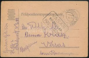 1916 Tábori posta levelezőlap "VASAS" postaügynökségi bélyegzéssel / Field postcard with postal agency postmark
