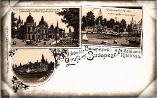 Budapest, Üdvözlet a Milleniumi (Ezredéves) Kiállításról, Közlekedésügyi és haditengerészeti csarnok, Történelmi főcsoport és Renaisance udvar. Carl Otto Hayd No. 418. Art Nouveau, floral, litho