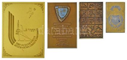 Lengyelország 1959. "Nemzetközi Síverseny - Helena Marusarzówna Emlékverseny - Zakopane" egyoldalas bronz emlékplakett, részben zománcozott fém rátéttel (55x88mm) + Törökország 1987. "VIII. Balkan Ifjúsági Művészi Torna Bajnokság - Izmir" egyoldalas, aranyozott Al lemez plakett (82x108mm) + DN "U. A. C." egyoldalas, részben aranyozott Al plakett (36x59mm) + DN "Szeged" egyoldalas bronz plakett (44x68mm) T:XF-F, a lemezplakett hátoldalán ragasztónyom, zománchiba