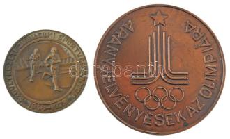 DN (1980 k.) "Aranyjelvényesek az Olimpiára / A KISZ Központi Bizottsága" kétoldalas bronz emlékérem, "2062" számozással (70mm) + 1973. "Szövetkezeti Jubileumi Sportversenyek 1948-1973" egyoldalas bronz emlékérem (45mm) T:XF,VF, patina