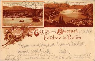 1901 Bakar, Szádrév, Bukar, Bukkari, Buccari; Buccari vom Meer, Bucht von Buccari / látkép, öböl / general view, bay. Druck u. Verlag v. Louis Glaser Art Nouveau, floral, litho (EB)