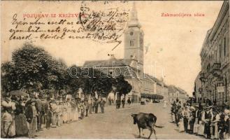 1905 Kőrös, Krizevac, Krizevci; Zakmardijeva ulica / utca, templom / street, church (fl)