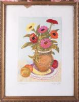 Zsille Győző (1925-2003): Legényrózsák. Színes linómetszet, papír, jelzett, lapszéli ázásnyomokkal és gyűrődésekkel.Dekoratív, sérült fakeretben. 35x24,5 cm