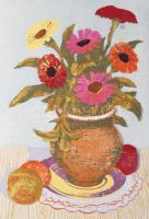 Zsille Győző (1925-2003): Legényrózsák. Színes linómetszet, papír, jelzett, lapszéli ázásnyomokkal é...