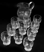 10 személyes ólomkristály boros készlet, kancsó 10 darab pohárral, köszörült mintával, hibátlan, m: 10-19 cm