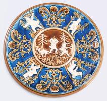 Schütz Blansko törpés fali tál, kézzel festett mázas fajansz, jelzett, hibátlan, d:30 cm / Schutz Blansko wall plate with dwarfs, signed, good condition, hand painted