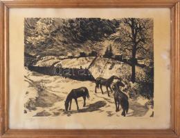 Csanády András (1929-2025): Székelyudvarhely télen. Linómetszet, papír, jelzett. Lapszéli ázásnyommal. Üvegezett, kissé sérült fakeretben. 49x39 cm