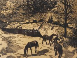 Csanády András (1929-2025): Székelyudvarhely télen. Linómetszet, papír, jelzett. Lapszéli ázásnyomma...