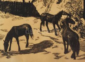 Csanády András (1929-2025): Székelyudvarhely télen. Linómetszet, papír, jelzett. Lapszéli ázásnyomma...