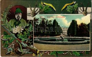 Wien, Vienna, Bécs; Schönbrunn Schloss Allee / castle park. Franz Joseph with hunting equipment. Art Nouveau (EK)
