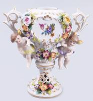cca 1900 Capodimonte vagy annak stílusában: Puttó alakos váza. Jelzett, restaurált, sérüléssel, fedél nélkül, m: 14 cm