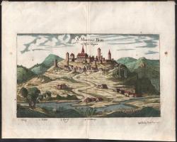 Pannonhalma színezett korabeli rézmetszetű látképe. A Szent Márton hegyen jól látható a kép közepén az apátság. Megjelent: Johann Christoph Wagner: Delineatio Provinciarum Pannoniae et Imperii Turcici in Oriente - Augsburg, Jacob Koppmayer, 1684. Mérete: (31×37 cm).