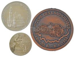 Németország 1976. "Altenburg 1000 éves 976-1976 / Altenburg város" kétoldalas fém emlékérem (40mm) + 1984. "Marburg-Biedenkopf járás 10 éves fennállása / A kerület hete 1984. június 30- július 8." kétoldalas bronz emlékérem (54mm) + DN "Albertus Johann Friedricus / Németország legrégebbi kalapácsos kovácsműhelye" kétoldalas Ni-acél emlékérem (23mm) T:AU,XF, fülnyom, patina Germany 1976. "1000 Jahre Altenburg 976-1976 / Stadt Altenburg" two-sided metal commemorative medallion (40mm) + 1984. "10 Jahre Landkreis Marburg-Biedenkopf / Woche des Landkreises vom 30. 6. - 8. 7. 1984" two-sided bronze commemorative medallion (54mm) + ND "Albertus Johann Friedricus / Akteste Hammerschmiede Deutschlands"  two-sided Ni-steel commemorative medallion (23mm) C:AU,XF, earmark, patina