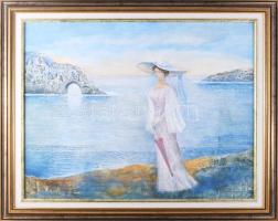 Garabuczy Ágnes (1936-2020): Tengerparton. Olaj, farost, jelzett, hátoldalán Garabuczy Ágnes autográf feliratával, 50x60 cm, fakeretben