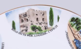 Ciprus porcelán tál, város képekkel. Matricás, jelzett, hibátlan d: 21 cm