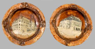 Antik keménygipsz dísztál pár, az Iparművészeti Múzeum és az Opera ábrázolásával, sérüléssel, d: 20 cm