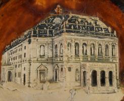 Antik keménygipsz dísztál pár, az Iparművészeti Múzeum és az Opera ábrázolásával, sérüléssel, d: 20 ...