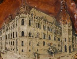 Antik keménygipsz dísztál pár, az Iparművészeti Múzeum és az Opera ábrázolásával, sérüléssel, d: 20 ...