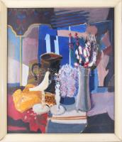 Misch Ádám (1935-1995): Csendélet. Olaj, farost, jelezve jobbra lent (Misch), hátoldalán Képcsarnok Vállalat címkéjével és Misch Ádám autográf feliratával. 1975 körül. Üvegezett fakeretben. 80×70 cm. / oil on fibre board, signed, framed