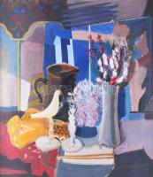 Misch Ádám (1935-1995): Csendélet. Olaj, farost, jelezve jobbra lent (Misch), hátoldalán Képcsarnok ...