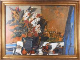 Klimó Károly (1936-): Csendélet. Olaj, farost, jelezve jobbra fent. Hátoldalán Képcsarnok Vállalat címkéjével. Üvegezett fa keretben. 60x80 cm / Károly Klimó (1936-): Still life. Oil on wood fibre. Signed. With Képcsarnok Company label on the reverse. Framed. 60x80 cm