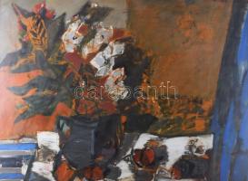 Klimó Károly (1936-): Csendélet. Olaj, farost, jelezve jobbra fent. Hátoldalán Képcsarnok Vállalat c...