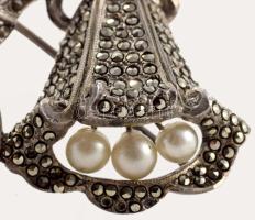 Antik ezüst (Ag) ékszer szett gazdag markazit berakással, illetve gyöngy ékítéssel, gyűrű m: 52, kli...