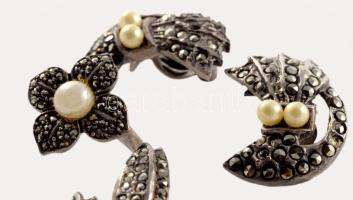 Antik ezüst (Ag) ékszer szett gazdag markazit berakással, illetve gyöngy ékítéssel, gyűrű m: 52, kli...