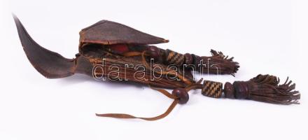 Antik bőr szütyő, kopással, m: 16 cm