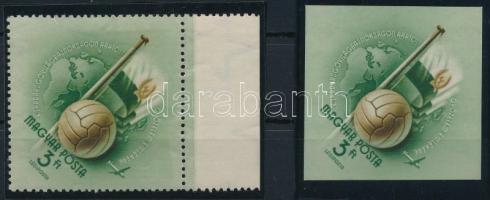 1954 A kiadásra nem került Győzelmi bélyeg ívszéli fogazott és vágott fázisnyomata, a zászló piros színe nélkül. A fogazott bélyeg postatiszta, a vágott gumi nélkül. A bélyeget a Labdarúgó VB-n feltételezett magyar győzelem emlékére szándékozták kiadni, azonban a vereség miatt a kinyomott készlet legnagyobb részét megsemmisítették. Rendkívüli ritkaság, a legtöbb gyűjteményből hiányzik!  Perforate and imperforate phase print of the unissued Victory stamp (Hungary was expected to win the Football World Championship) without red colour print. The perforate is MNH, the imperforate is on gumless paper. RRRR!  Certificate for the imperforate stamp: Leitold