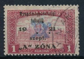 Nyugat-Magyarország II. 1921 Parlament 1K hármaslyukasztással (25.000) (ráncok) / Mi 18 with 3 hole punching (creases) Signed: Bodor