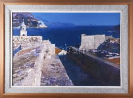 Papp Gábor (1936-): Dubrovnik. Olaj, fa, jelzett a hátoldalán. Hátoldalán Koszta József Galéria címkéjével. Keretben. 53x76 cm / Gábor Papp (1936-): Dubrovnik (Croatia). Oil on wood, signed on the reverse. Framed. 53x76 cm