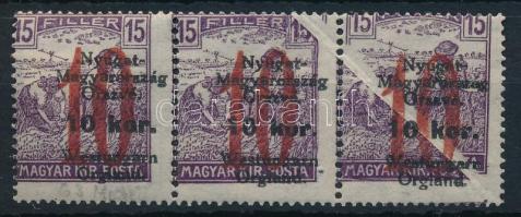 Nyugat-Magyarország VI. 1921 Arató 10K/15f képbe fogazott hármascsík, nagyon látványos, szétnyílt, 2 bélyegen átmenő papírránccal (mindkét bélyeg postatiszta) / Mi 68 stripe of 3 with shifted perforation, 2 MNH stamps with large paper crease  Signed: Bodor