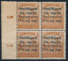 Nyugat-Magyarország I. 1921 Arató 5f próbanyomat ívszéli négyestömbben / proof in margin block of 4 Signed: Bodor