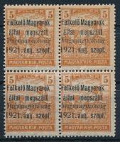 Nyugat-Magyarország I. 1921 Arató 5f próbanyomat négyestömb / proof in block of 4 Signed: Bodor