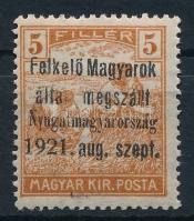 Nyugat-Magyarország I. 1921 Arató 5f próbanyomat Signed: Bodor