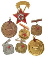 DN (~1970) "Kiváló Véradó" (2xklf: bronz fokozat + arany fokozat" részben műgyantás bronz / aranyozott bronz kitüntetések füllel + DN(~1970-1980) "Magyar Vöröskereszt Kiváló Dolgozója" zománcozott, aranyozott kitüntetés + DN(~1970) "10" + "15" + "20" + "30" véradásért járó műgyantás bronz / ezüstözött bronz / aranyozott bronz jelvény, függelékkel (4xklf), (25x35mm) T:AU,XF