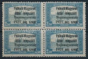 Nyugat-Magyarország I. 1921 Parlament 2,50K négyestömb (27.000) / Mi 9 block of 4 Signed: Bodor