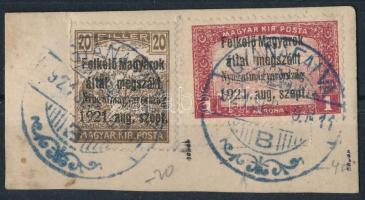 Nyugat-Magyarország I. 1921 Arató 20f és Parlament 1K kivágáson, kék / blue "GYANAFALVA" Signed: Bodor