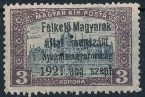 Nyugat-Magyarország I. 1921 Parlament 3K hármaslyukasztással (30.000) (ráncok / creases) Signed: Bodor