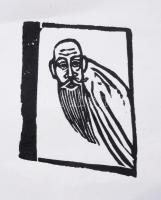 Perei Zoltán (1913-1992): Keleti bölcs. Fa nyomódúc. Nyomódúcról készült grafikával ellátott papírtokban. 5,5x4,5 cm.