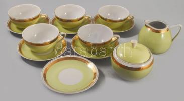 Hollóházi vintage olivazöld kávés készlet, kiöntő- és csészehiánnyal, jelzett.