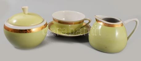 Hollóházi vintage olivazöld kávés készlet, kiöntő- és csészehiánnyal, jelzett