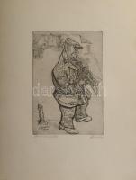 Bencze László (1907-1992): Újságolvasó, 1959. Rézkarc, papír, jelzett, Bencze László autográf ajándékozási soraival, 29×19,5 cm